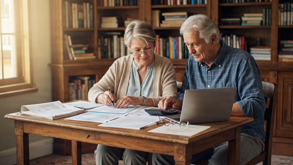 Pareja de jubilados revisando en casa la documentación de su declaración de la renta